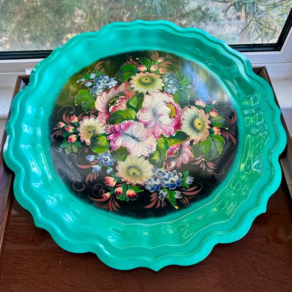 Vintage Zhostovo Russian Tole Tray with Bright Floral & Green Rim 15”